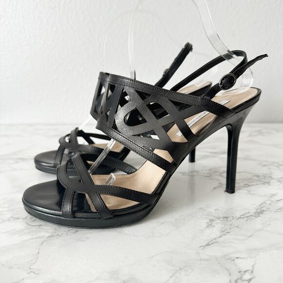 DVF Black Laser Cut Leather Stiletto Heel Open Toe Sandal Women’s Size 10‎ - Picture 2 of 13